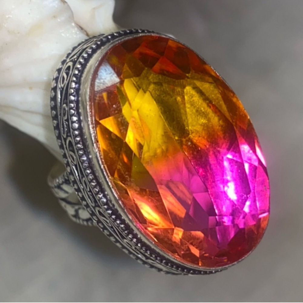 Exotic Bi-color Simulated Tourmaline 925 Sterling Silver Statement Ring